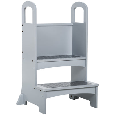 Grey Wooden Kids Step Stool with Non Slip Handles for Kitchen Help Ages 3 to 8 Years
