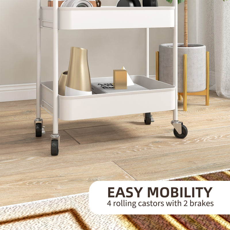 White Three Tier Steel Rolling Storage Trolley with Lockable Wheels