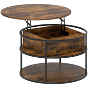 Brown Round Lift Top Coffee Table With Hidden Storage Shelf For Living Room Or Office