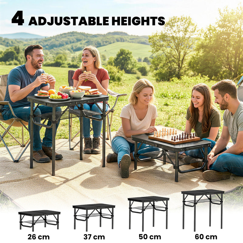 Folding Camping Table with Adjustable Height and Mesh Shelf for Picnics and BBQs Black
