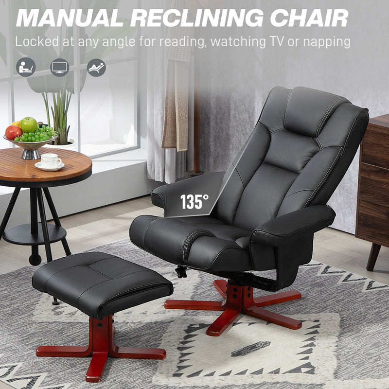 Manual Recliner Armchair with Matching Footstool for Lounge Comfort Black