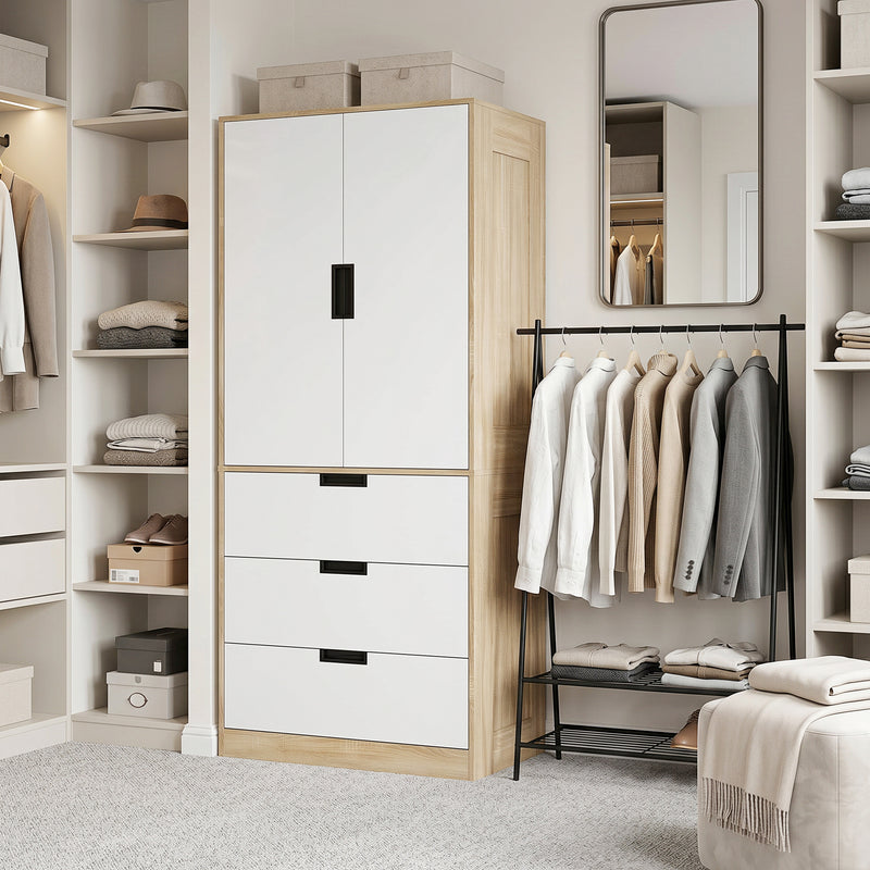 Double Wardrobe with Drawers for Small Bedrooms Slim Storage Oak and White