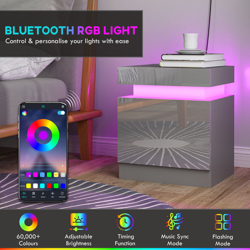 Bedside Table with Adjustable LED Lighting and Two Drawers for Organised Bedroom Storage Grey