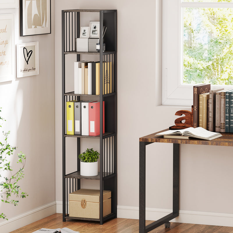 5 Tier Industrial Style Bookshelf with Sturdy Steel Frame for Home or Office, Grey