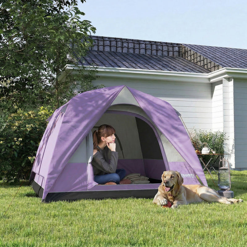 3 Person Waterproof Dome Tent for Quick Camping Shelter with Mesh Windows Purple Grey