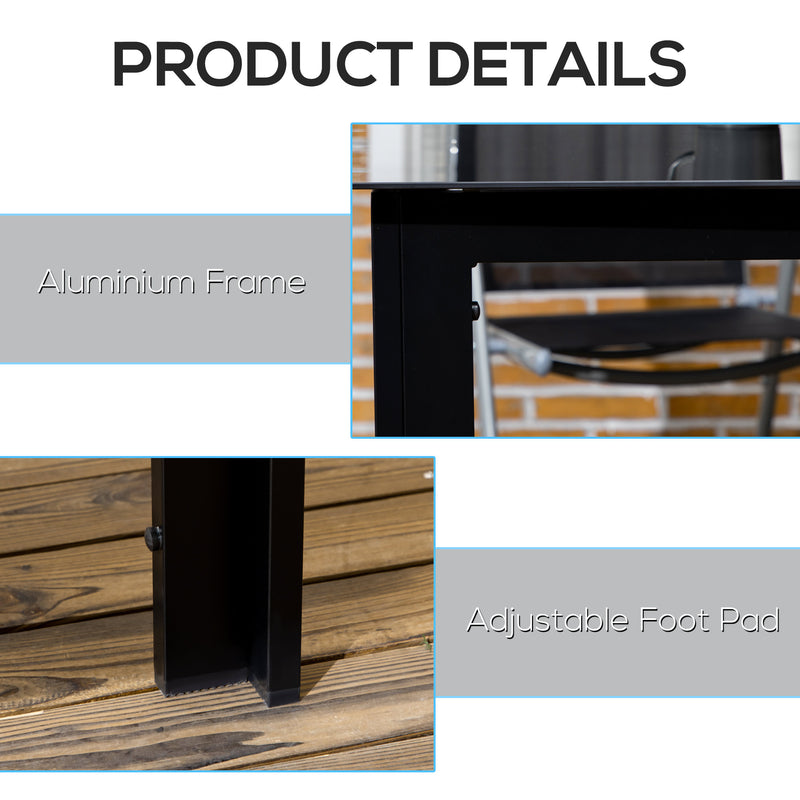 Black 6 Seater Aluminium Rectangular Garden Table with Tempered Glass Top for Patio Dining