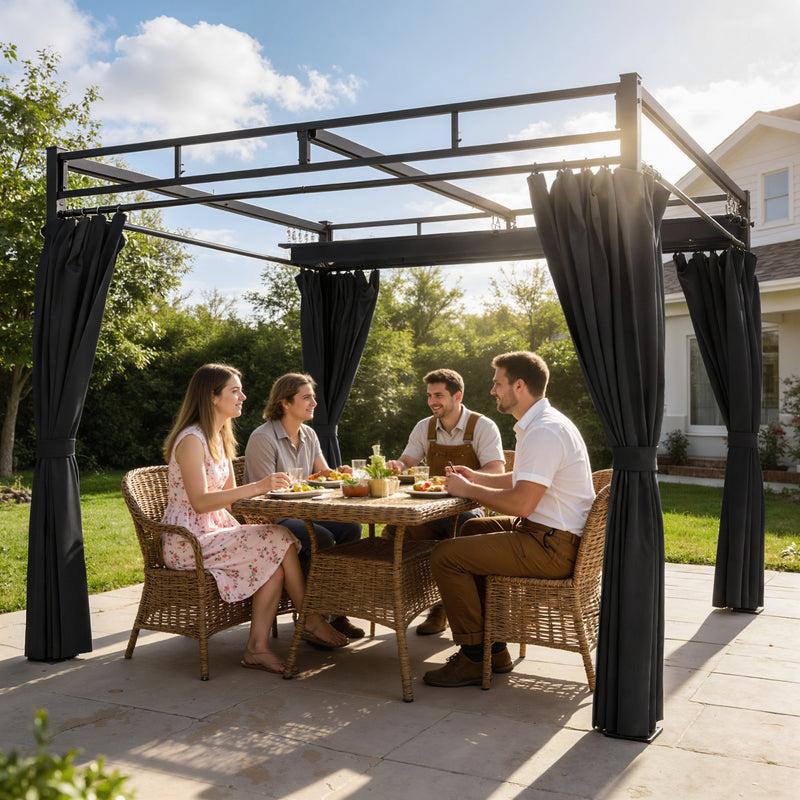 3 x 3 m Metal Garden Pergola with Retractable Canopy and Curtains UPF30 Sun Shade Dark Grey AOSOM