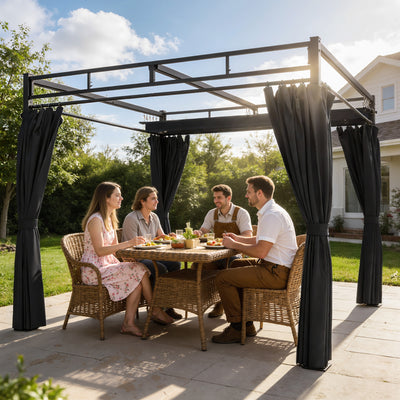3 x 3 m Metal Garden Pergola with Retractable Canopy and Curtains UPF30 Sun Shade Dark Grey AOSOM