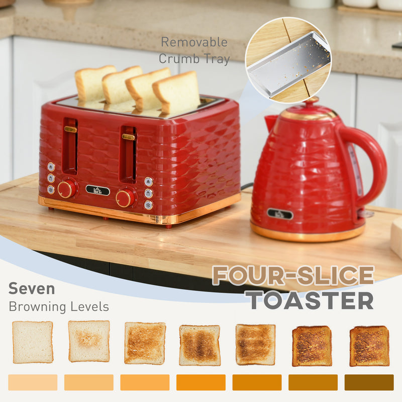 3000W Rapid Boil Kettle and 4 Slice Toaster Set with Browning Control Red