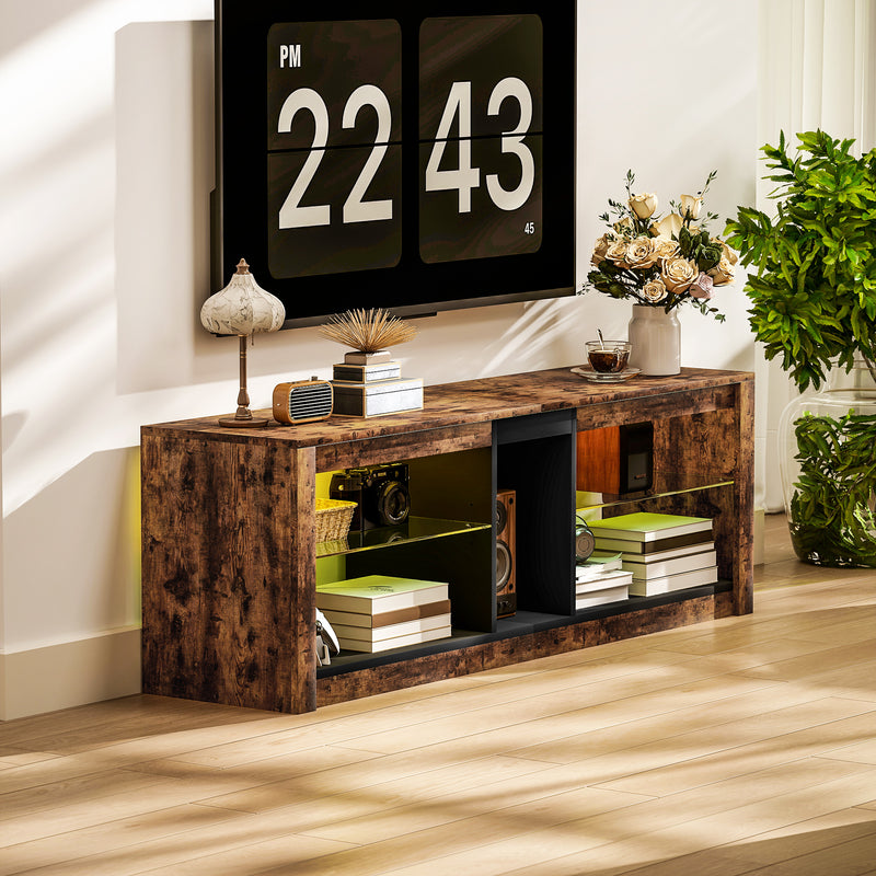 LED TV Stand Cabinet With Remote Control And Storage For TVs Up To 65 Inches Rustic Brown