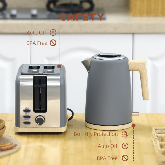 Grey 1.7L Fast Boil Cordless Kettle and 2 Slice Toaster Set with 7 Browning Levels by HOMCOM