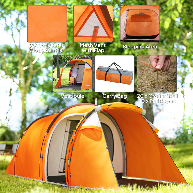 3 Person Camping Tent with Separate Porch for Extra Storage and Easy Access Orange