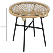Beige Rattan Round Garden Side Table With Tempered Glass Top For Patio Balcony Or Outdoor Use
