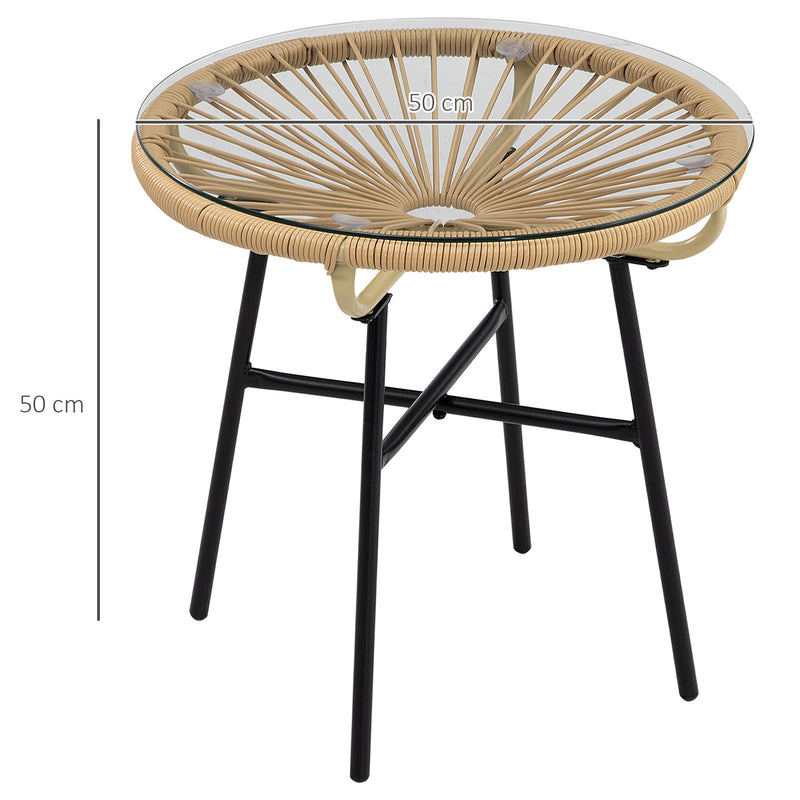 Beige Rattan Round Garden Side Table With Tempered Glass Top For Patio Balcony Or Outdoor Use