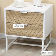 White and Oak Bedside Table with 2 Drawers and Metal Frame for Bedroom or Living Room