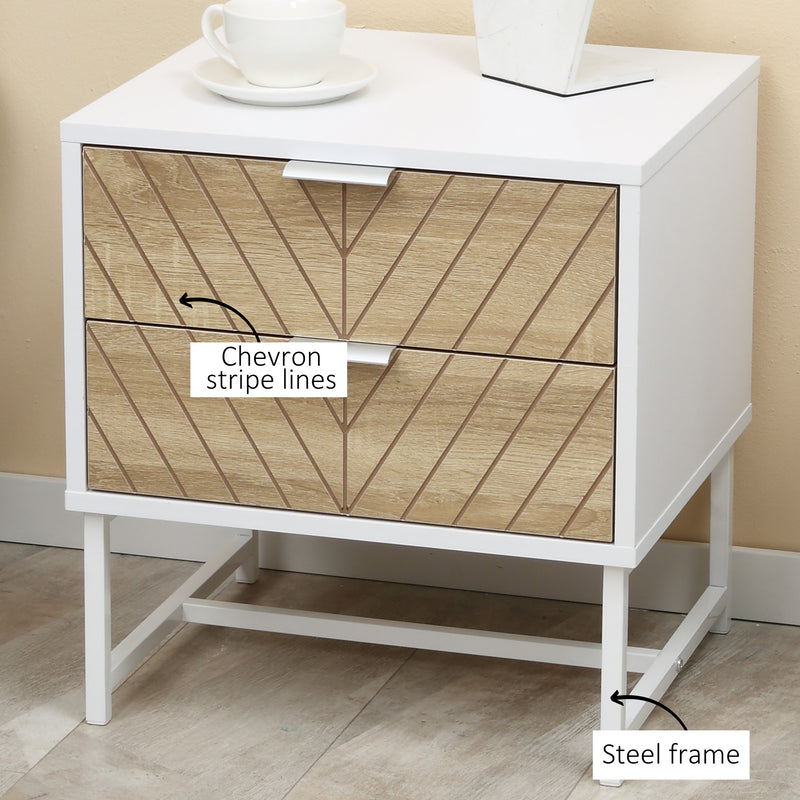 White and Oak Bedside Table with 2 Drawers and Metal Frame for Bedroom or Living Room