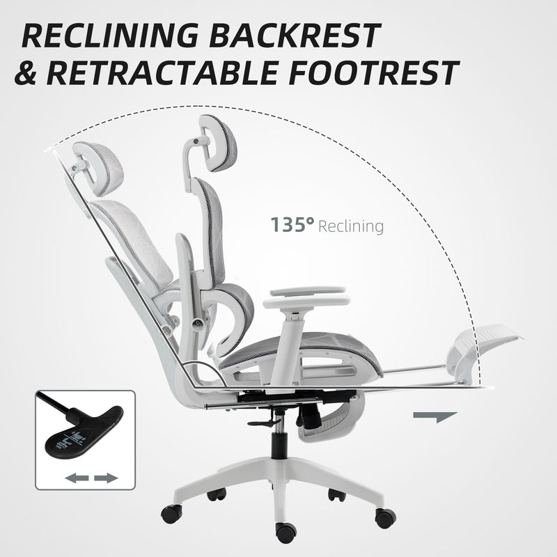 Ergonomic Mesh Office Chair With Adjustable Backrest And Lumbar Support, Grey and White