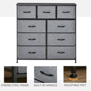 Nine Drawer Storage Dresser With Fabric Bins For Bedroom or Living Room, Grey
