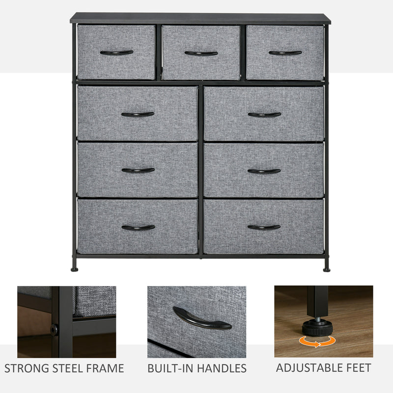 Nine Drawer Storage Dresser With Fabric Bins For Bedroom or Living Room, Grey