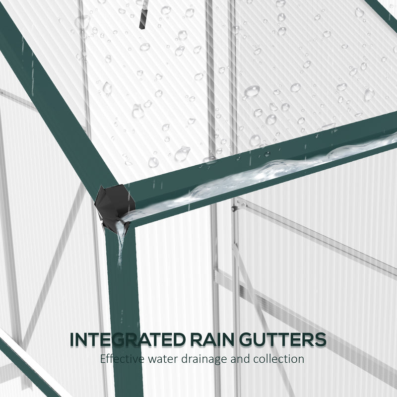 Walk In Polycarbonate Greenhouse With Sliding Door Rain Gutter And Base Frame Green