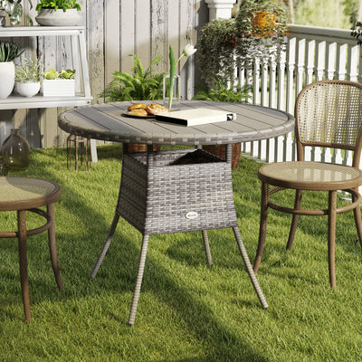 Grey 90cm Four Seater Round Rattan Dining Table With Wood Effect Finish by Outsunny