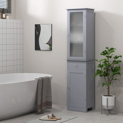 Tall Bathroom Storage Cabinet with Drawer and 3 Tier Shelves Slim Freestanding Unit Grey