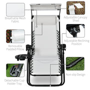 2 Piece Foldable Reclining Garden Chair with Canopy Shade and Cup Holder White by Outsunny