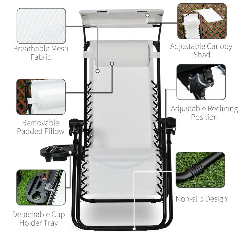 2 Piece Foldable Reclining Garden Chair with Canopy Shade and Cup Holder White by Outsunny