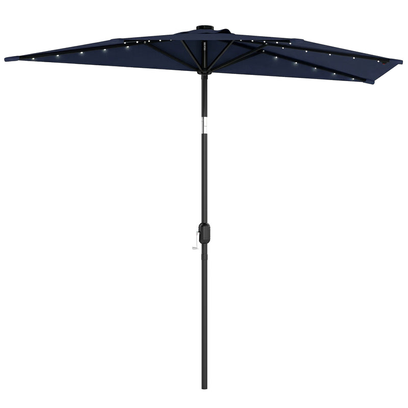 Half Parasol for Balcony or Small Patio with Solar LED Lights and Tilt, Dark Blue