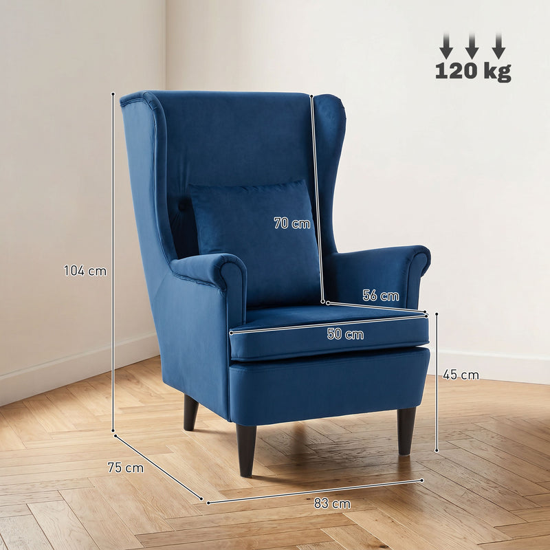 Velvet Wingback Armchair for Reading and Relaxing with Cushioned Support Blue Homcom