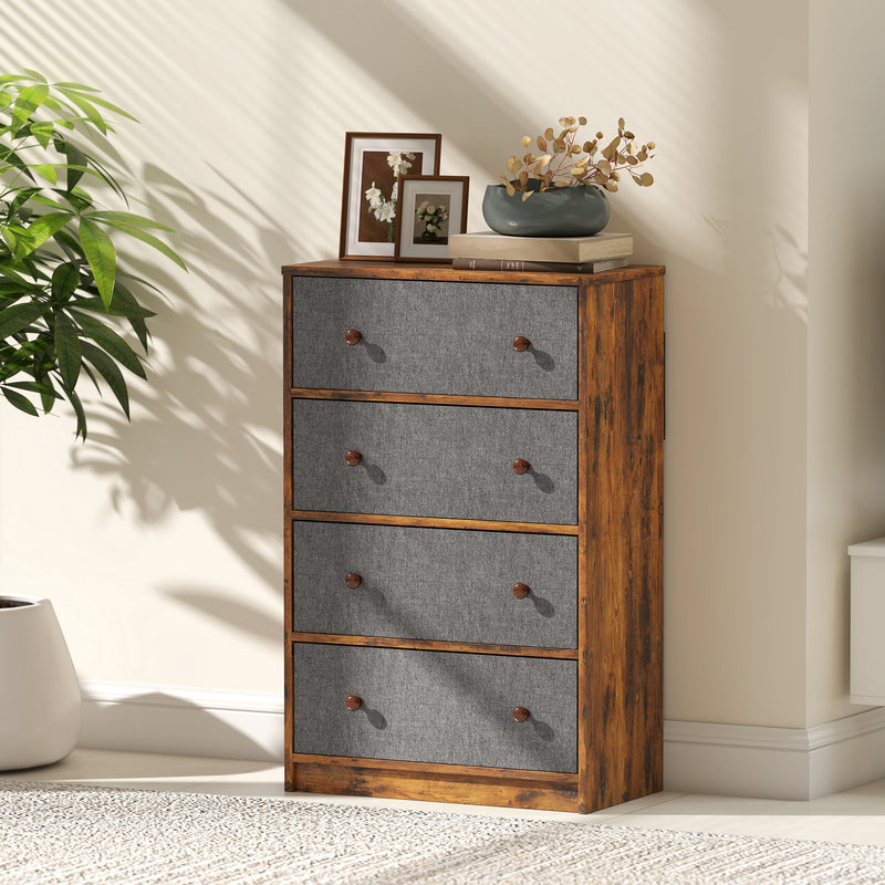 4 Drawer Fabric Chest of Drawers with Wood Top for Bedroom Storage Grey and Rustic Brown