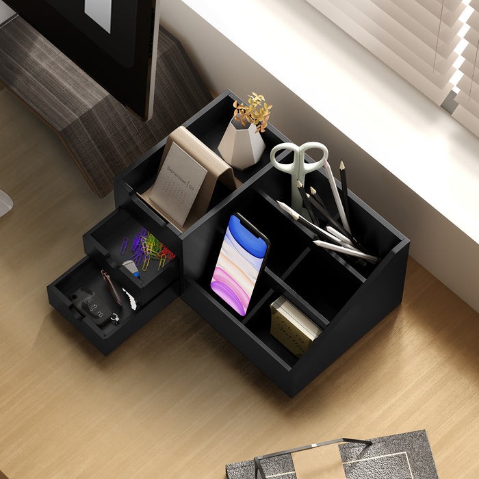 Black Bamboo Desk Organiser with 7 Compartments and 2 Drawers for Home Office by HOMCOM