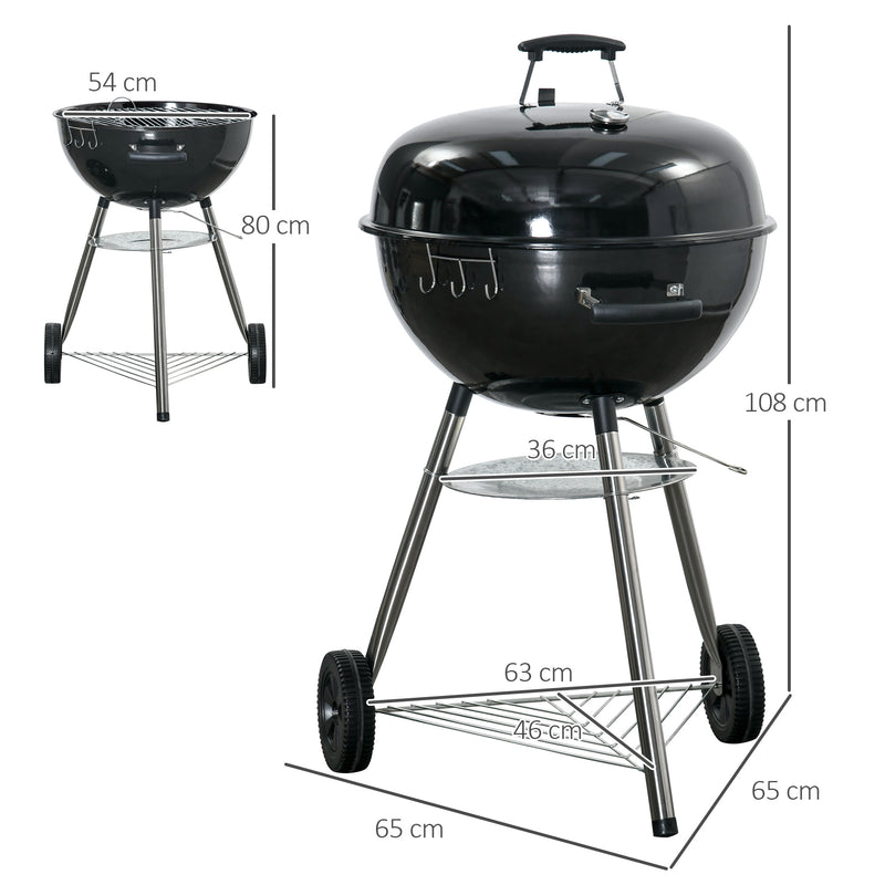 Portable Charcoal Kettle BBQ Grill in Black with Lid and Vents for Outdoor Cooking by Outsunny