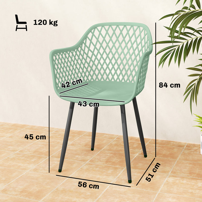 Set of 4 Garden Dining Chairs with Armrests for Garden or Patio Comfort Green With Black Metal Legs Outsunny