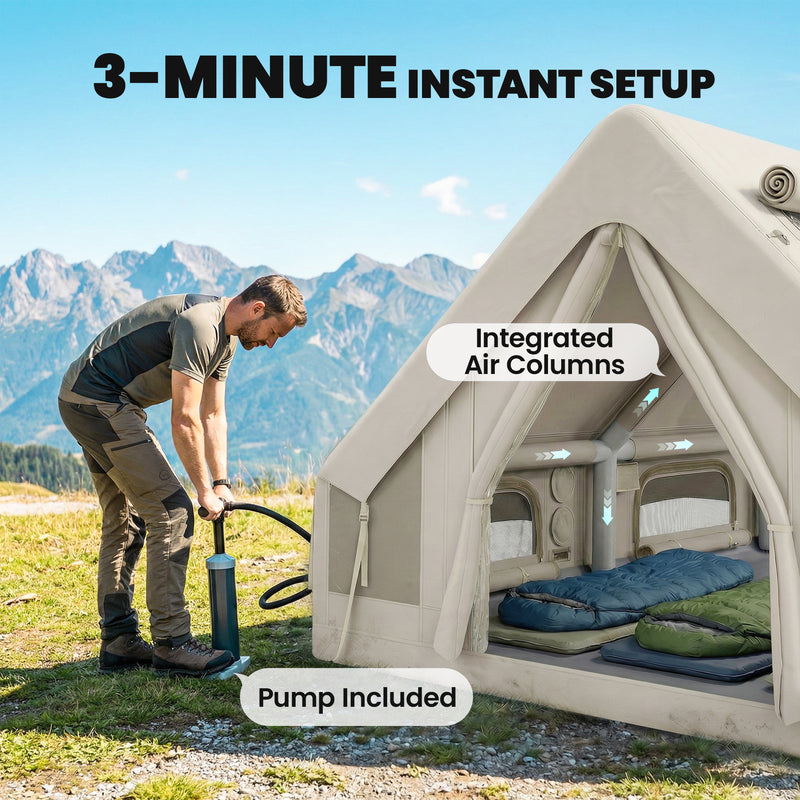 Large Waterproof Inflatable Camping Tent With Skylights & Air Pump, 8-10 Person, Khaki