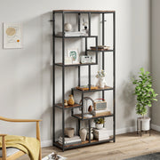 Seven Tier Geometric Bookcase With Open Shelves For Modern Home Storage Brown Black