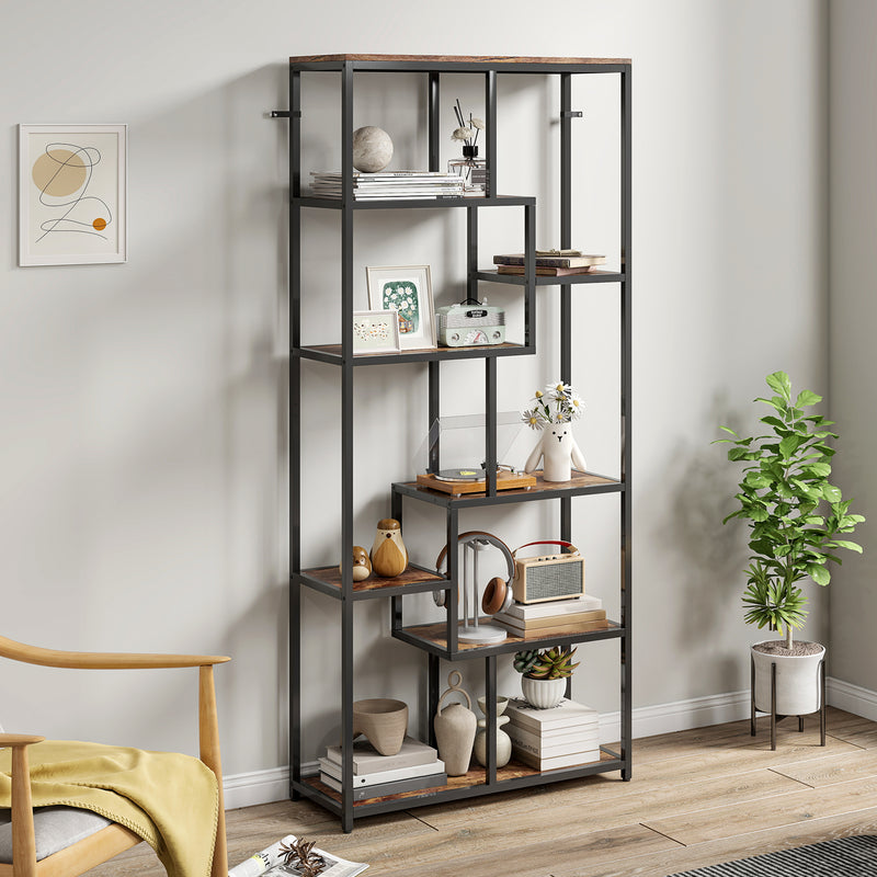 Seven Tier Geometric Bookcase With Open Shelves For Modern Home Storage Brown Black