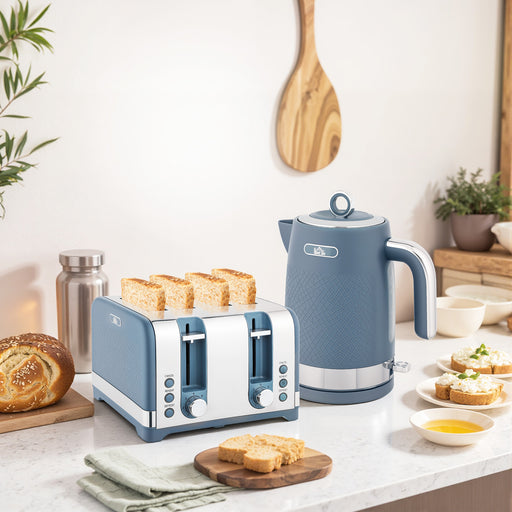 Textured Kettle and Four Slice Toaster Set for Fast Boiling and Toasting, Blue
