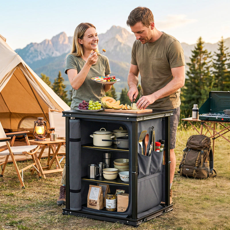 Camping Kitchen Unit with Shelves and Pockets for Organised Cooking Black