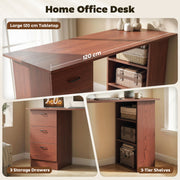 Home Office Computer Desk With Drawers and 3 Storage Shelves for Work or Study Walnut Brown AOSOM