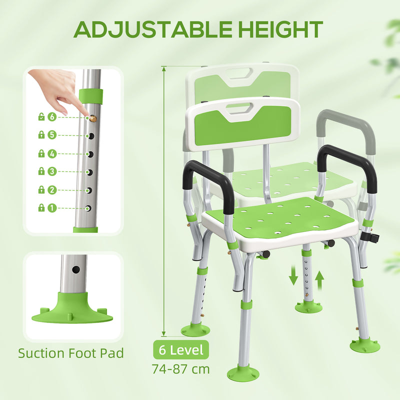Height Adjustable Shower Chair With Backrest and Armrests For Elderly and Disabled Green