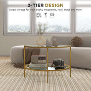 Gold Round Glass Coffee Table with Storage and Steel Frame for Modern Living Room Decor