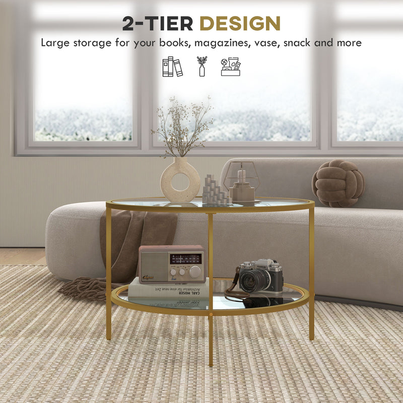 Gold Round Glass Coffee Table with Storage and Steel Frame for Modern Living Room Decor