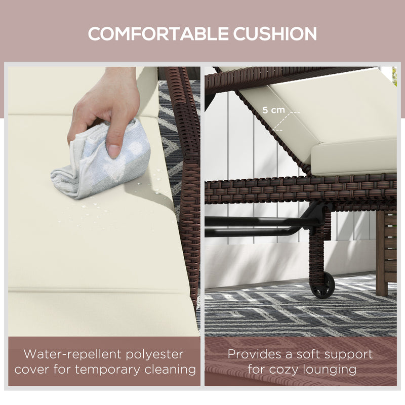 Set of 2 Cream White Rattan Sun Loungers with Adjustable Backrest and Wheels for Garden