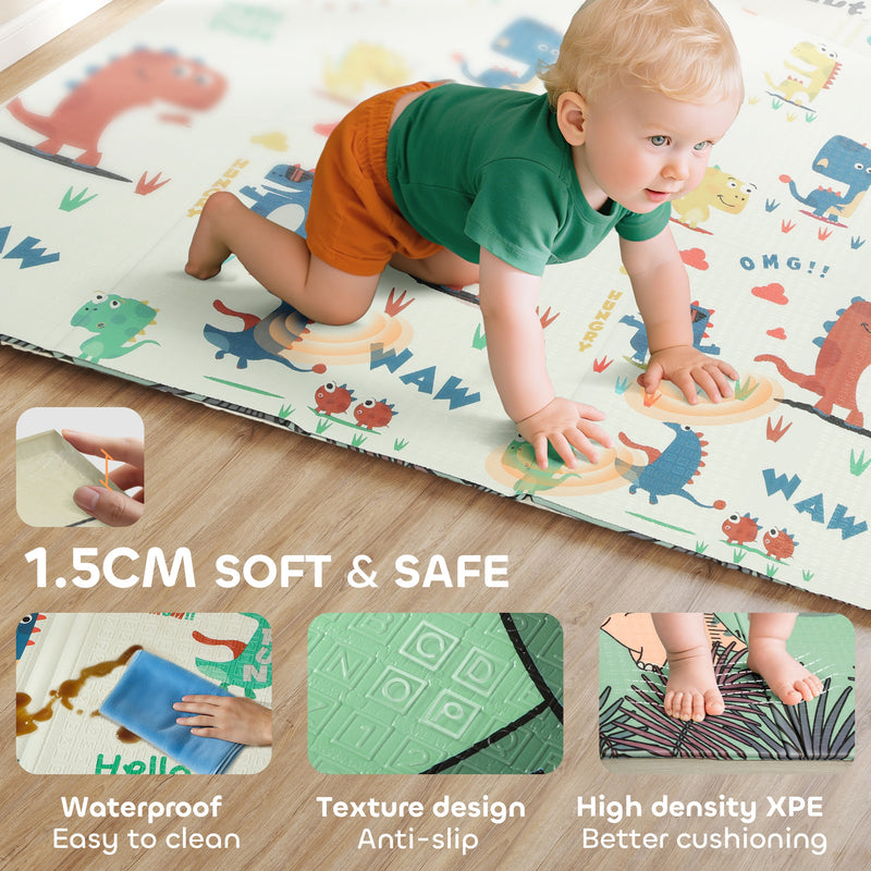 Foldable Waterproof Baby Play Mat for Crawling and Tummy Time Reversible Design Dinosaur AOSOM