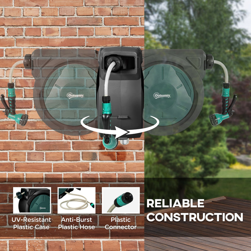 Wall Mounted 30m Retractable Garden Hose Reel With Auto Rewind and Spray Nozzle Green Outsunny