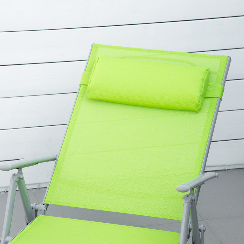 Green Folding Sun Lounger with Pillow and 7 Position Backrest for Garden and Patio Relaxing