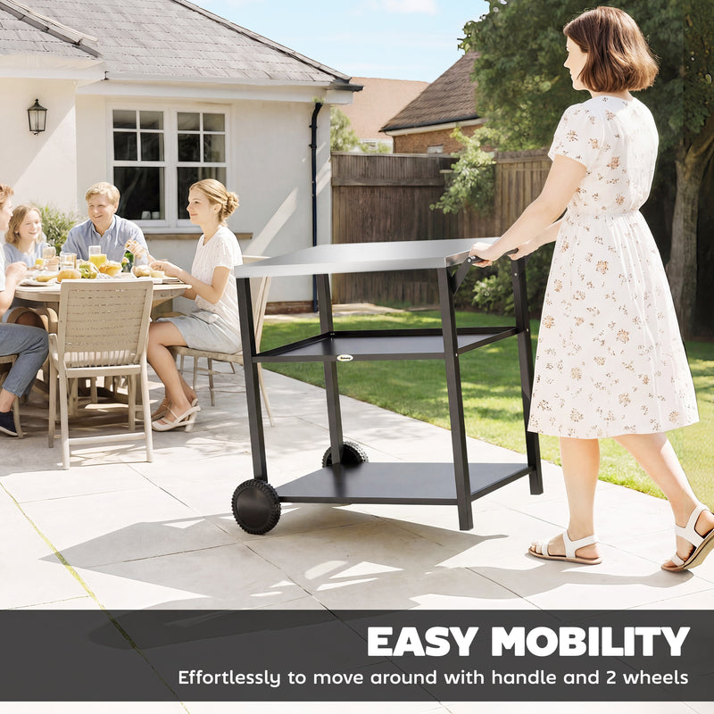 Outdoor BBQ Prep Table with Stainless Steel Top and Shelves for Easy Garden Cooking Black