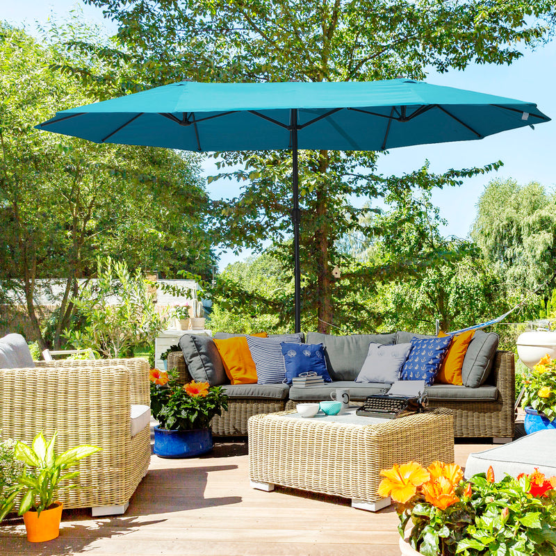 Sky Blue 4.6m Double Garden Parasol With Crank Handle For Large Outdoor Shade