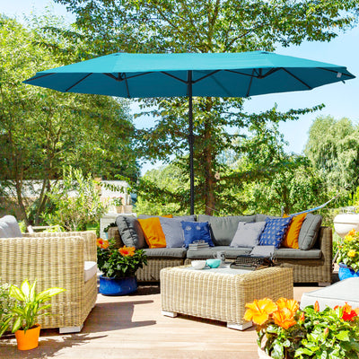 Sky Blue 4.6m Double Garden Parasol With Crank Handle For Large Outdoor Shade